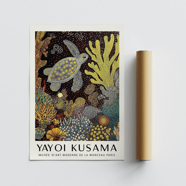 Quadro con tartaruga marina realizzato con tecnica puntinista e forme marine colorate.