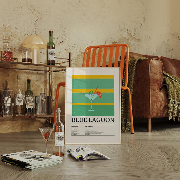 Quadro da parete per cucina in stile retrò raffigurante una bevanda blu su sfondo giallo e verde.