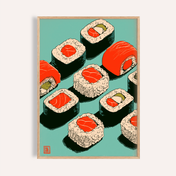 Stampa artistica Sushi con rosso, verde e blu nella decorazione murale della cucina