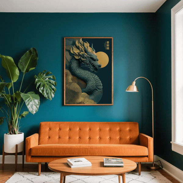 Stampa artistica cinese con drago blu brillante e oro in stile moderno