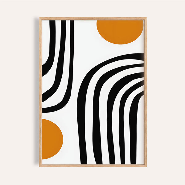 Decorazione murale arancione e nera con audace disegno ad arco in stile Bauhaus