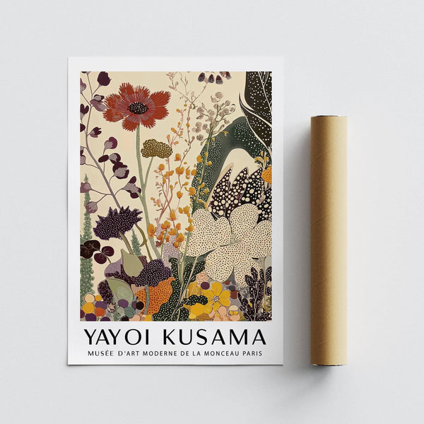 Poster decorativo Yayoi Kusama con steli sinuosi e fiori materici
