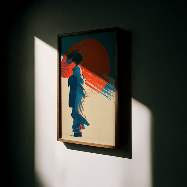 Poster Pop Art con geisha giapponese su sfondo beige per lo studio, con sole rosso e kimono blu