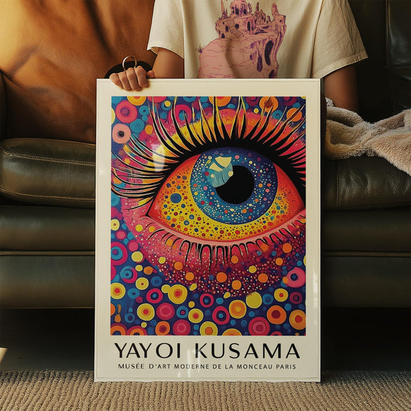 Opera d'arte raffigurante un occhio in vivace stile Pop Art Prints con una tavolozza di colori rosa, giallo e blu.