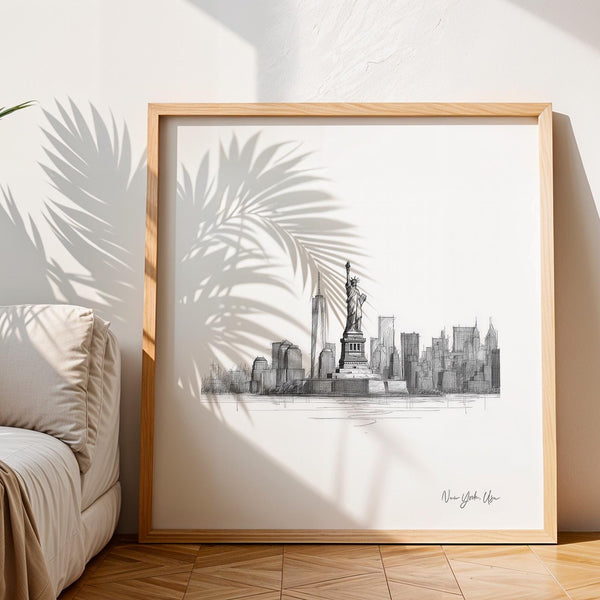 Poster quadrato con stampa della Statua della Libertà e schizzo architettonico della città