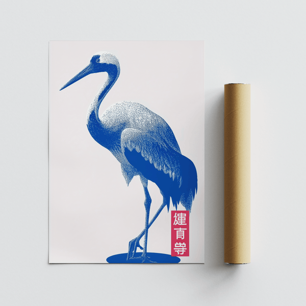 Crane Wall Art in rosso e blu per un soggiorno moderno