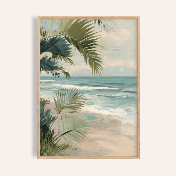 Stampa artistica Tropical Beach con colori blu e beige per decorare le pareti del soggiorno