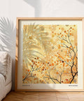 Calming golden abstract tree print as refined family room wall decor