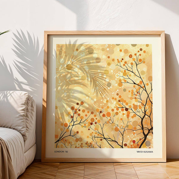 Calming golden abstract tree print as refined family room wall decor