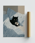 Poster Modern Cat In Bed con colori blu, bianco e nero per decorare la parete della tua zona lettura