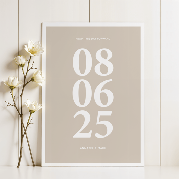 Personalized Anniversary Gift print for couple’s bedroom with Black text on Beige background