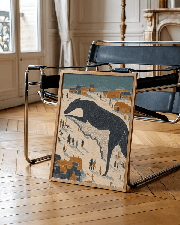 Stampa artistica con cane stravagante in blu e bianco per poster da camera dei bambini