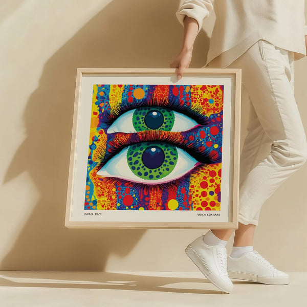 Pop art quadrata e colorata con motivo occhi ispirato a Kusama in tonalità vivaci