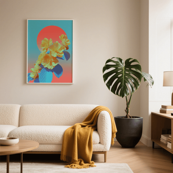 Vivace decorazione murale floreale nei toni del giallo e del blu come decorazione artistica per la camera da letto