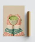 Stampa artistica Matcha Tea Art Print per angolo tè con tonalità beige e pesca