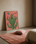 Poster artistico Colorful Bird Cactus per soggiorno moderno, tonalità rosa e verde