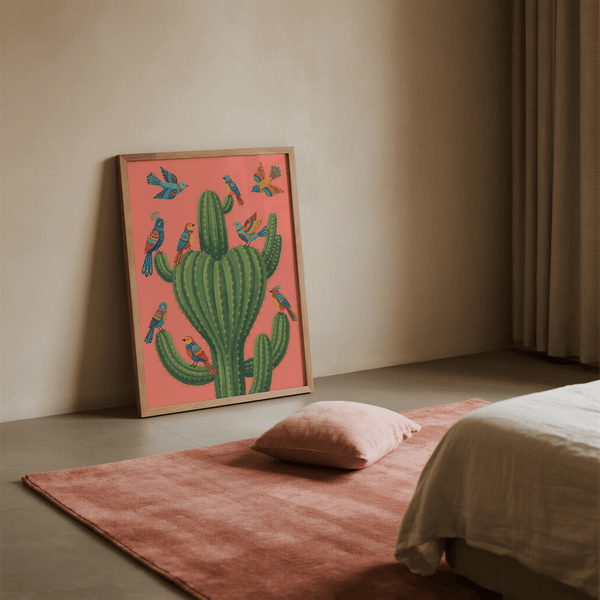 Poster artistico Colorful Bird Cactus per soggiorno moderno, tonalità rosa e verde
