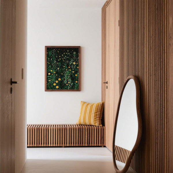 Decorazioni murali con motivi botanici gialli e verdi per arredi in stile green.