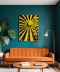 Poster geometrico nero e giallo con motivo solare per decorazioni murali contemporanee in camera da letto