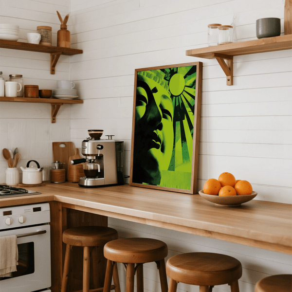 Poster moderno con stampa Buddha verde, perfetto per uno spazio abitativo moderno