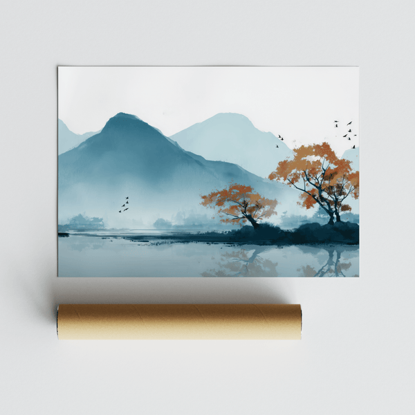 Stampa artistica blu e bianca con motivi naturali, perfetta per creare un'atmosfera rilassante nella camera da letto