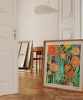 Decorative art print with abstract flowers and Yayoi Kusama inspired detailing.