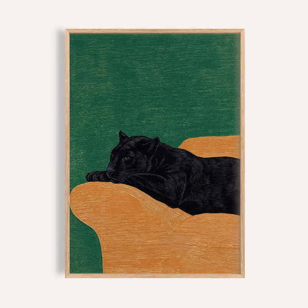 Big Cat Art Print in Green, Orange, and Black for living room wall art