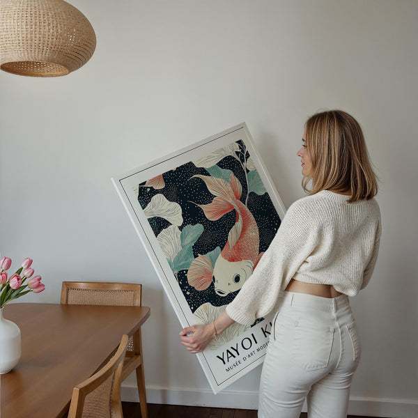 Stampa artistica raffigurante una carpa koi con la coda che fluttua e delicati elementi naturali.