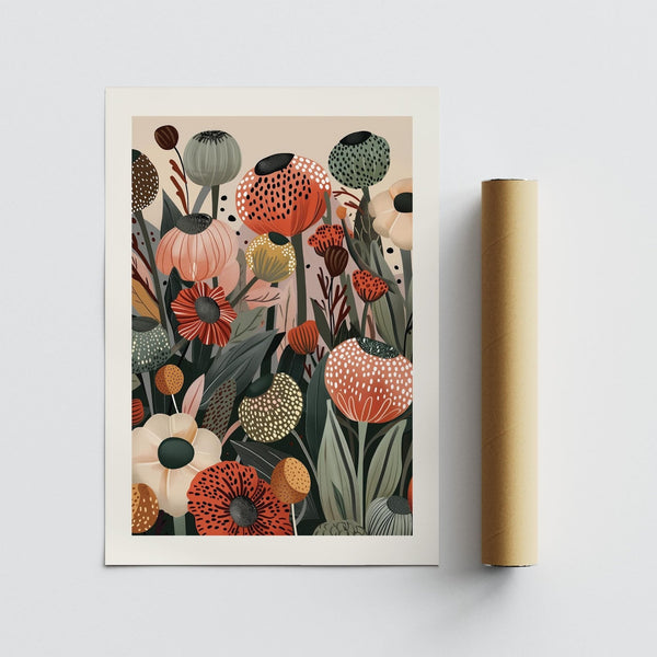 Dettagliata decorazione murale con stampa floreale ispirata ai papaveri dai toni terrosi