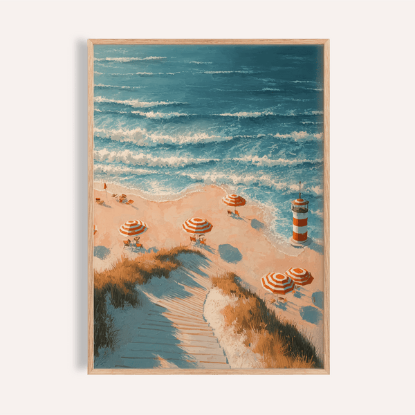 Stampa Beach Lighthouse con tonalità blu e oro per decorare le pareti della camera da letto