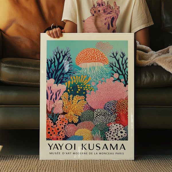 Quadro decorativo con meduse colorate incentrato sulla barriera corallina, in rosa acceso e acquamarina, per corridoi