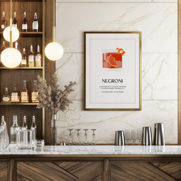 Poster del cocktail Negroni in un layout raffinato con ghiaccio e fetta d'arancia.