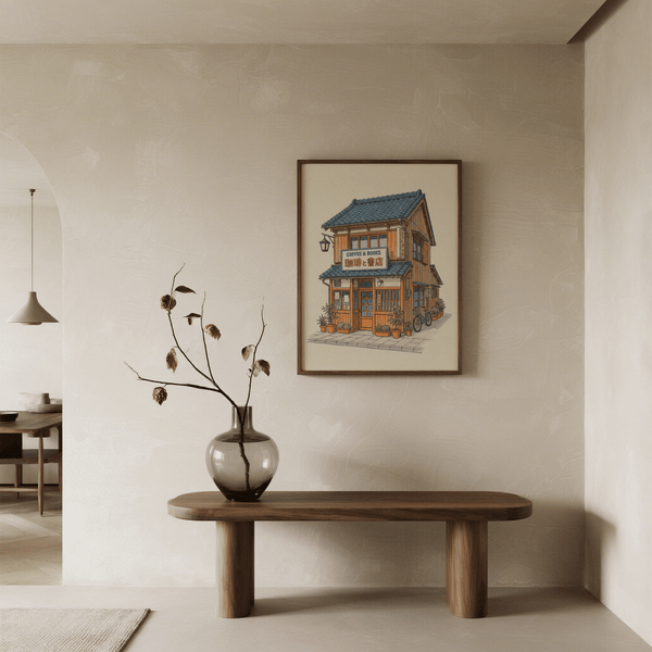 Arte giapponese da caffetteria, tonalità beige tenui, decorazioni murali per sala studio