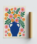 Stampa artistica con vaso blu e fiori rosa e arancioni per l'ingresso