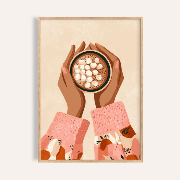 Stampa artistica Hot Cocoa Wall Art con colori marrone, rosa e beige per la cucina