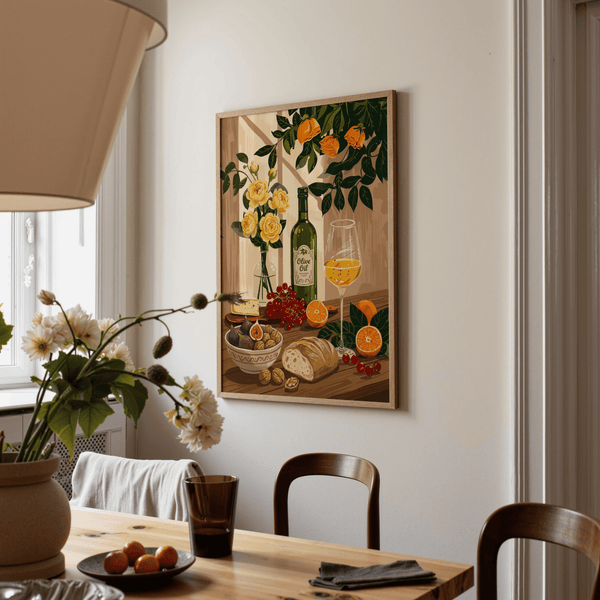 Still Life Kitchen Art poster with multicolored fruit and green leaves for kitchen