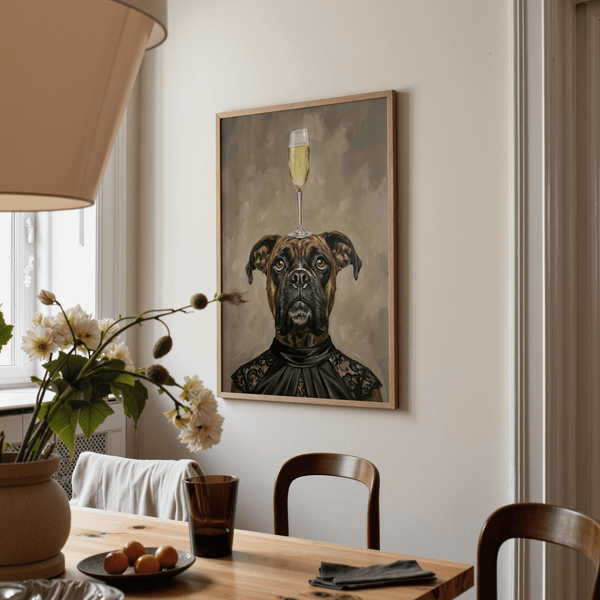 Stampa con cane boxer in nero, marrone e beige in un salotto familiare