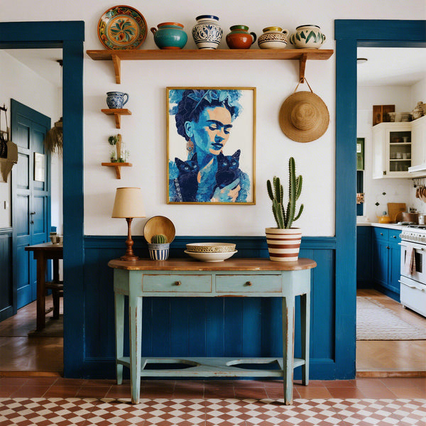 Poster in stile artistico Frida Kahlo in delicate tonalità blu con gatti su sfondo bianco.