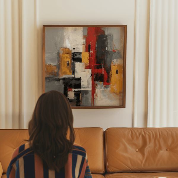 Poster astratto rosso e giallo, disegno geometrico per decorare il corridoio