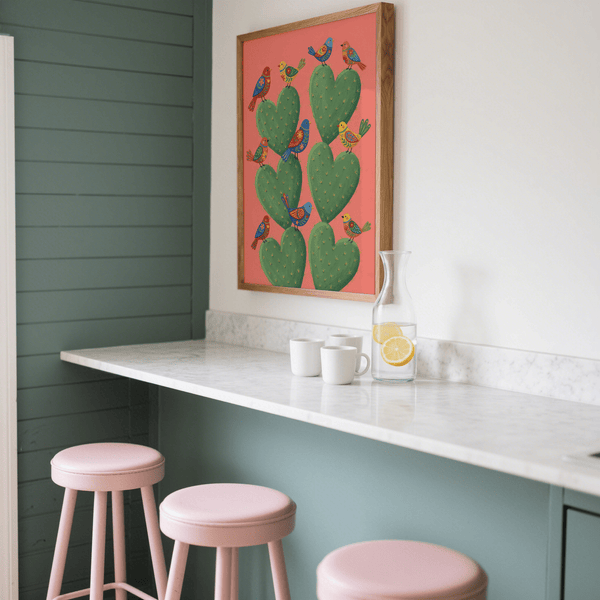 Poster Cactus Heart con cuori di cactus verdi e sfondo rosa per l'ufficio domestico