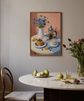 Breakfast Art Print with blue, beige, and multicolored tones for cozy dining spaces