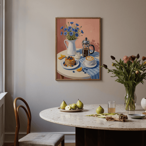 Breakfast Art Print with blue, beige, and multicolored tones for cozy dining spaces