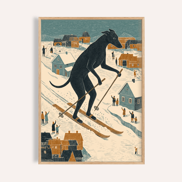 Stampa artistica Skiing Dog in blu, arancione, beige e nero per decorare le pareti del soggiorno