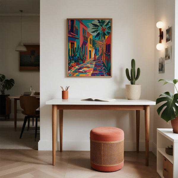 Passerella fiancheggiata da cactus in una vivace stampa di arte di strada messicana.