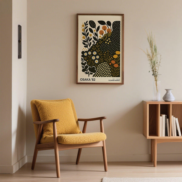 Poster artistico retrò con margherite, fiori d'arancio e colori terrosi.