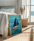 Poster colorato con barca a vela in rosa e blu, decorazione murale ideale per spazi in stile marittimo