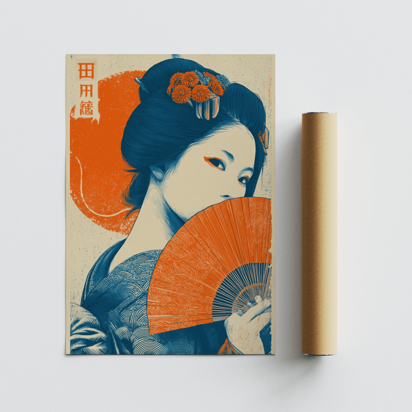 Stampa artistica Retro Geisha con tonalità arancione-beige per spazi moderni