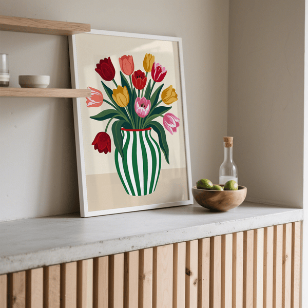 Stampa artistica con tulipani rossi, ideale come decorazione per la parete della sala da pranzo