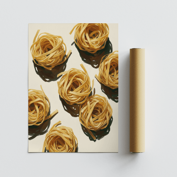 Accogliente ambiente cucina con stampa Fettuccine, stampa artistica beige e gialla