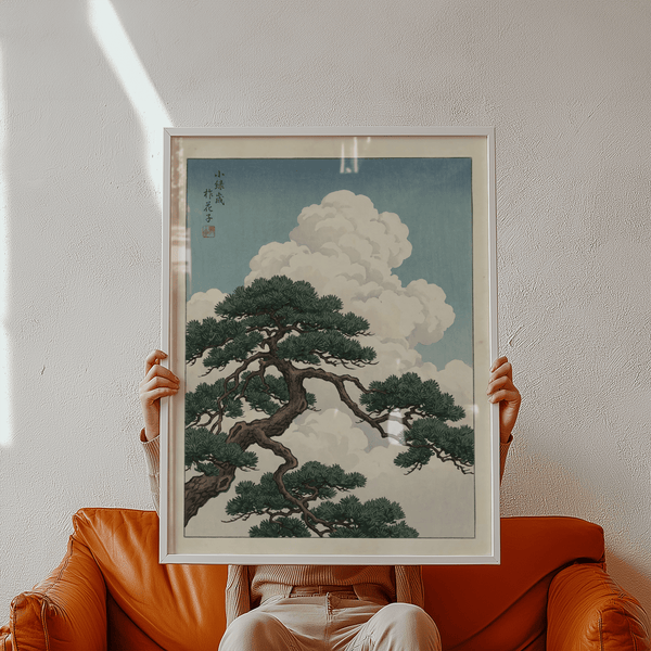 Poster paesaggio giapponese con bordo beige e dettagli verdi per stampa artistica da camera da letto